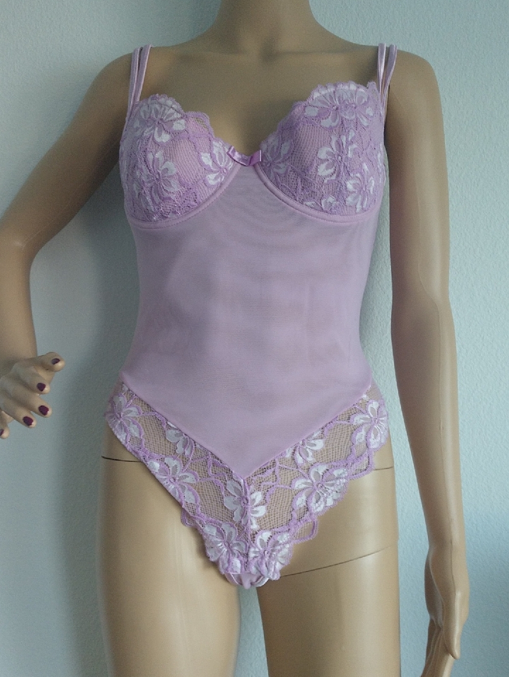 Lavender Lace Satin-Trim Sheer Chemise Bodysuit